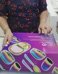 Unboxing the NourishMeal Toolkit - Rainbow, a kids' stainless steel dinnerware set with vibrant titanium coating.