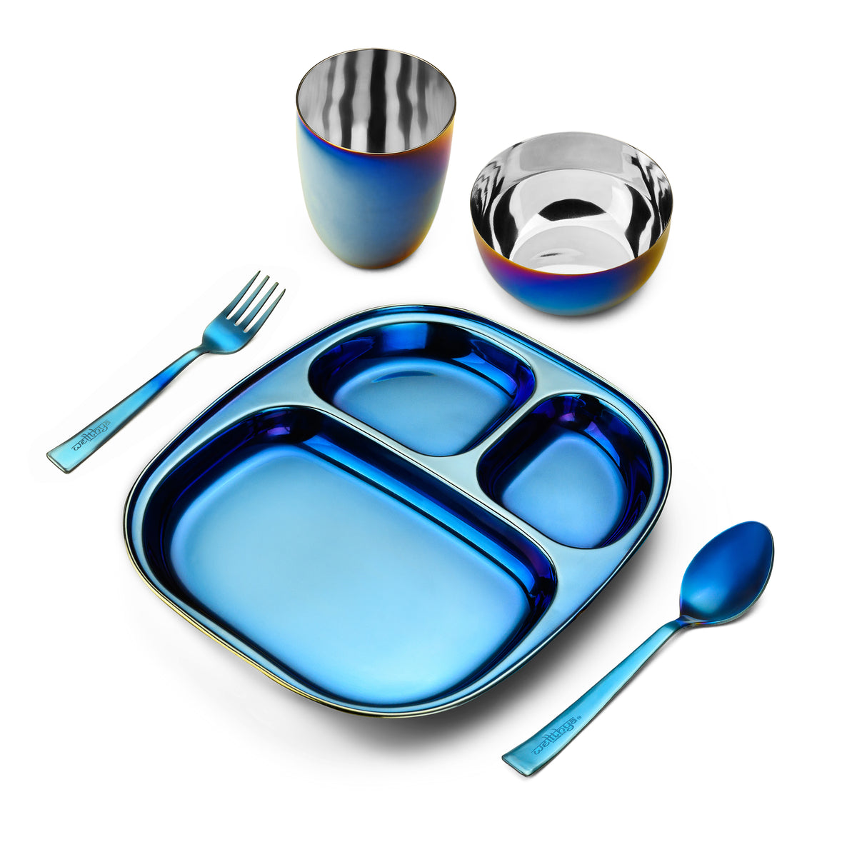 Electric Blue Steel Dinnerware Set – 5-Piece Family Toolkit