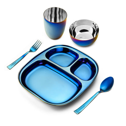 Electric Blue Steel Dinnerware Set – 5-Piece Family Toolkit