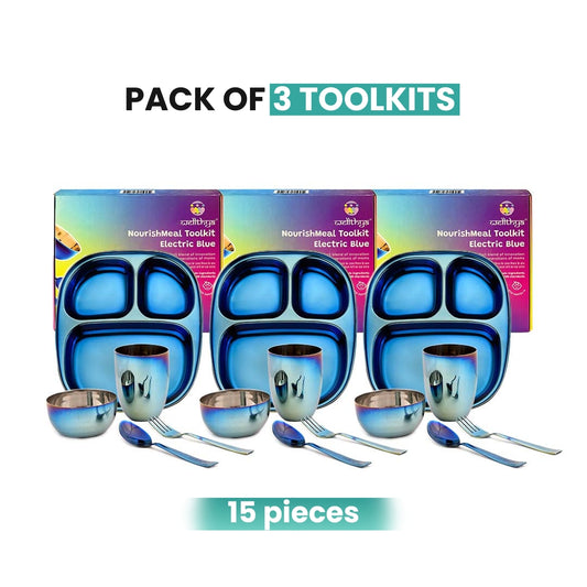 Electric Blue Steel Dinnerware Set – 3-Pack Family Toolkit