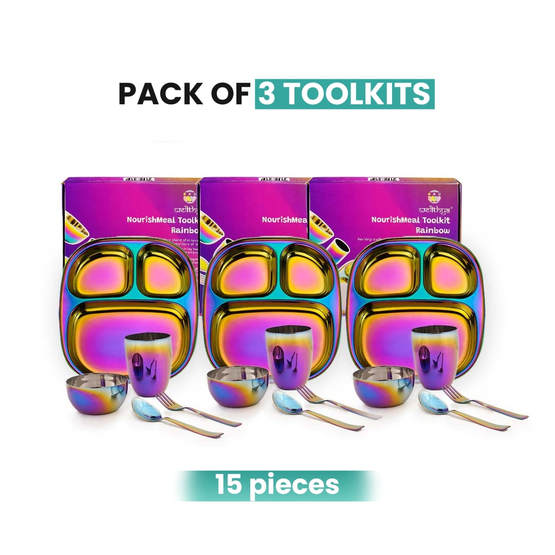 Rainbow Colour Steel Dinnerware Set – 3-Pack Family Toolkit