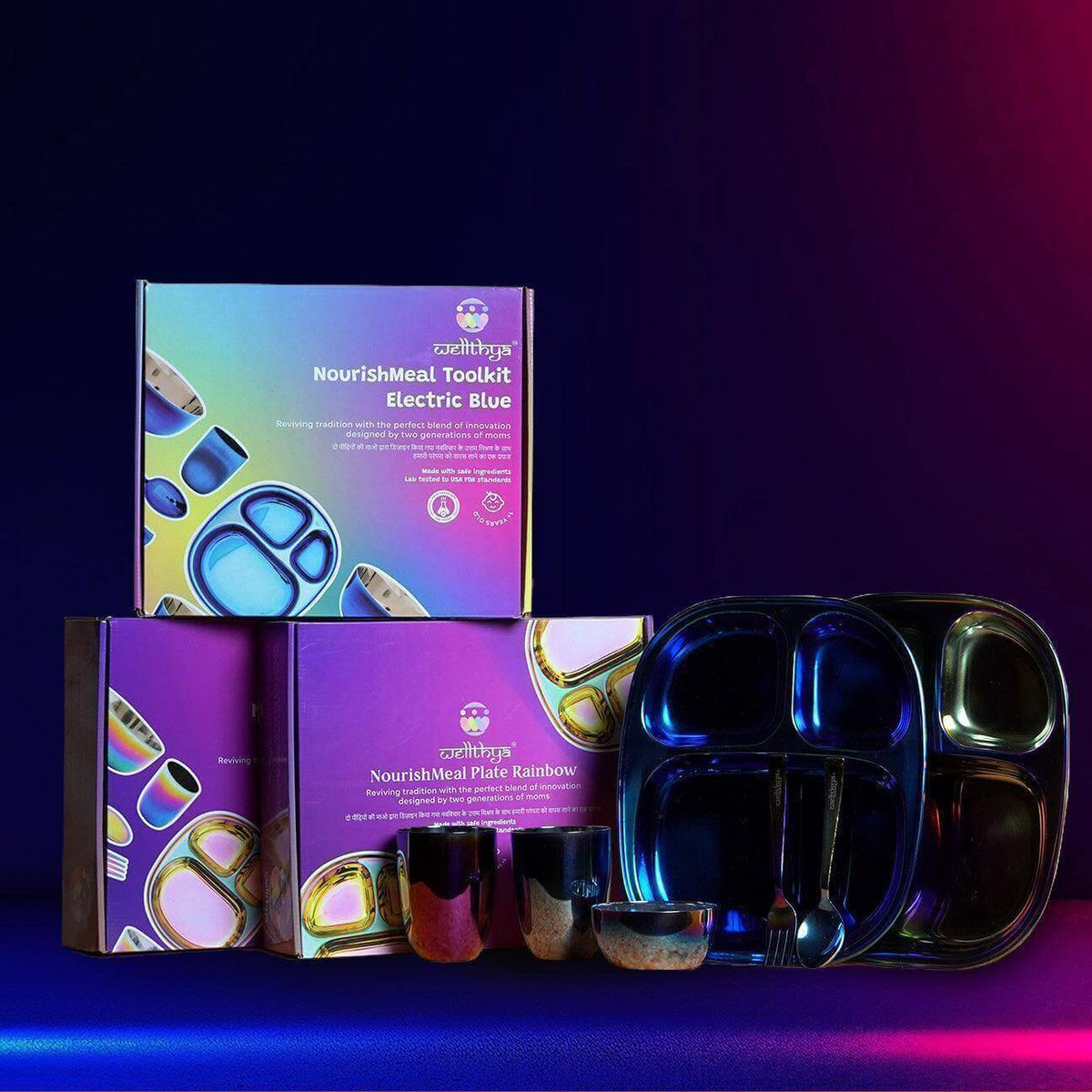 NourishMeal Toolkit Rainbow pack of 4 colorful stainless steel kids dishes with eco-friendly design.