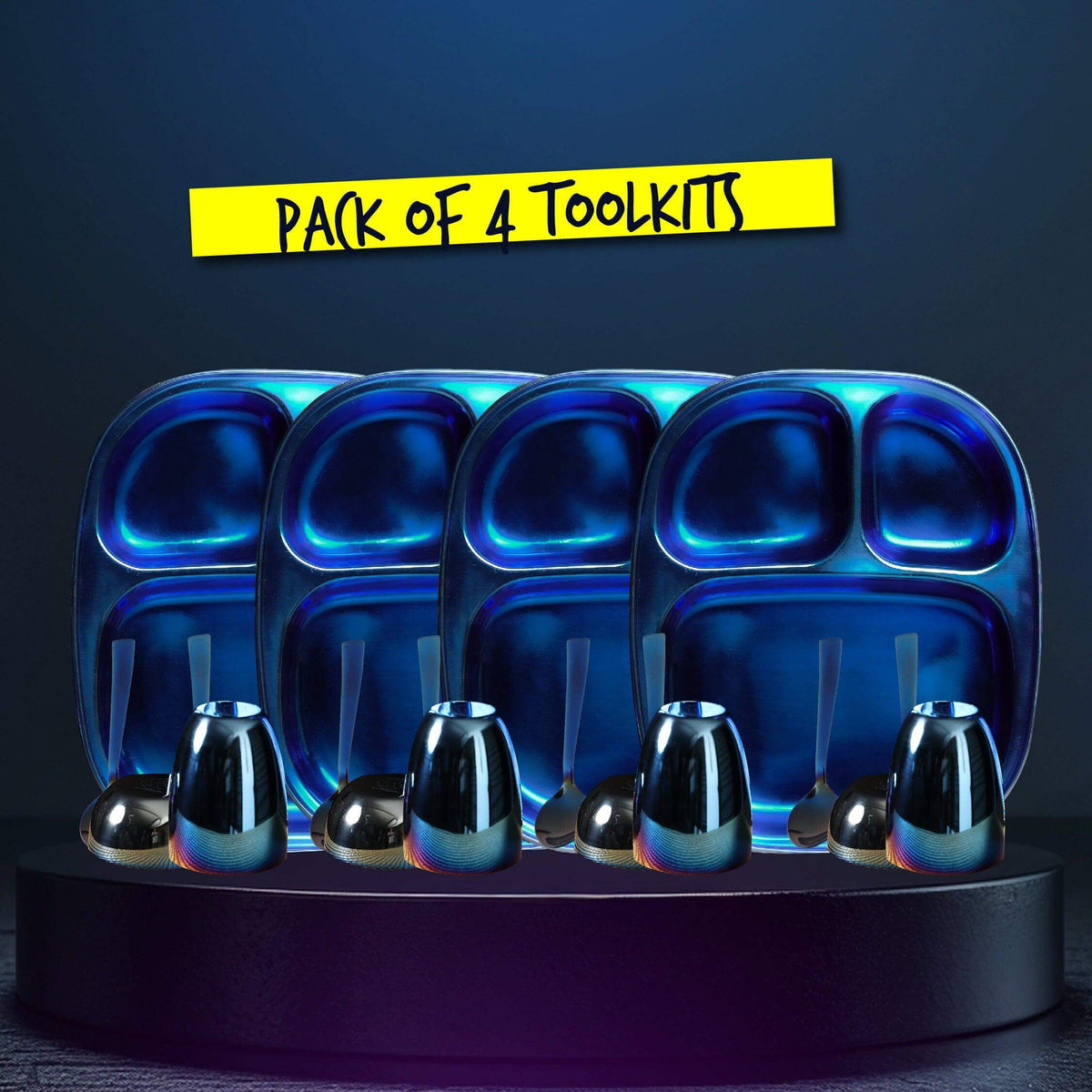 Electric Blue Steel Dinnerware Set – 4-Pack Family Toolkit