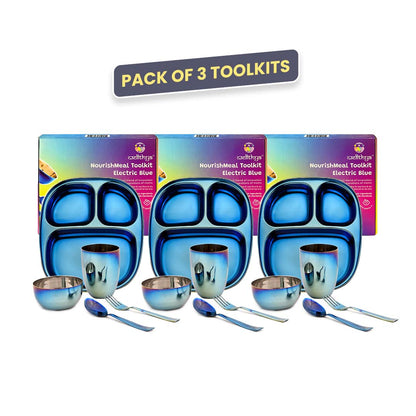 Electric Blue Steel Dinnerware Set – 3-Pack Family Toolkit