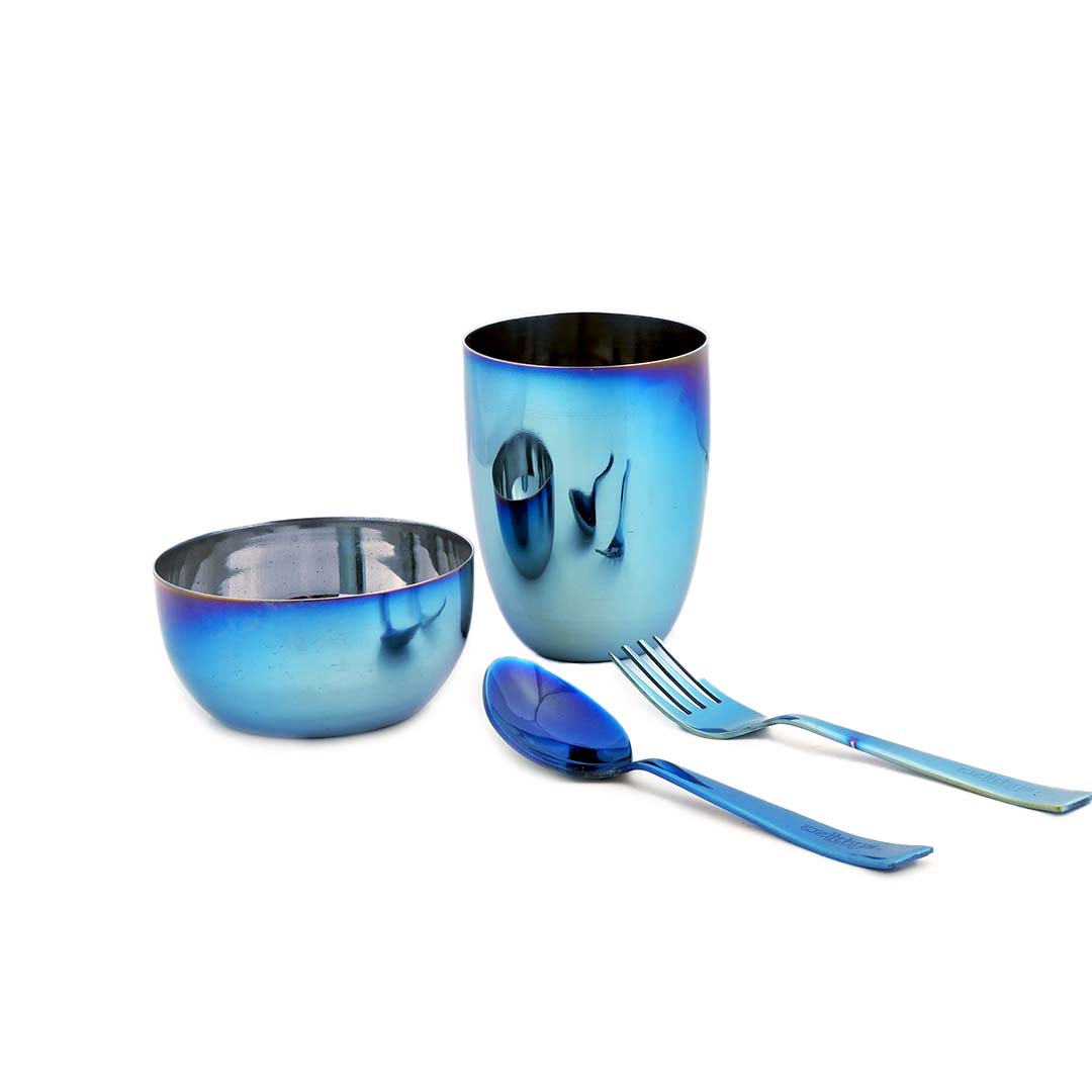 Electric Blue Steel Dinnerware Set – 4-Pack Family Toolkit