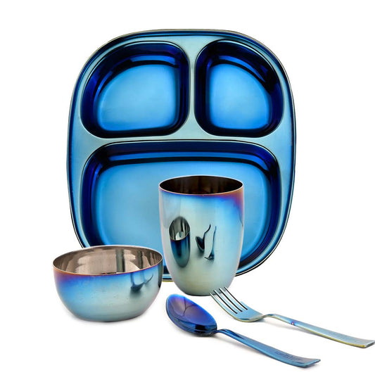 Electric Blue Steel Dinnerware Set – 5-Piece Family Toolkit