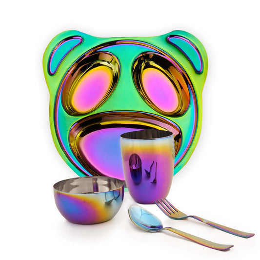 Bear-y Cute Rainbow Colour Steel Dinnerware Set – 5-Piece Toolkit