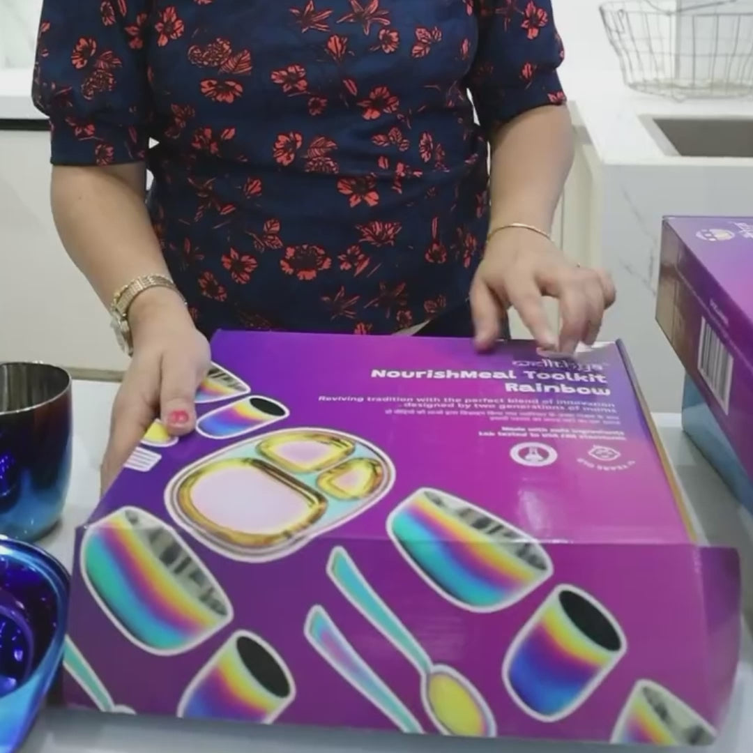Unboxing the NourishMeal Toolkit - Rainbow, a kids' stainless steel dinnerware set with vibrant titanium coating.