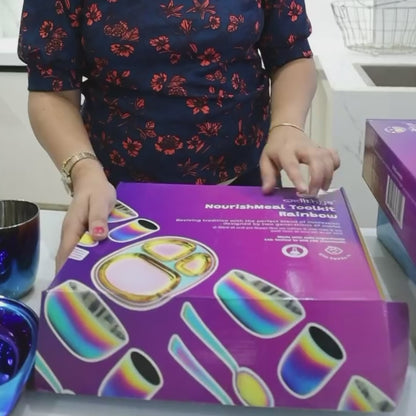 Unboxing the NourishMeal Toolkit - Rainbow, a kids' stainless steel dinnerware set with vibrant titanium coating.